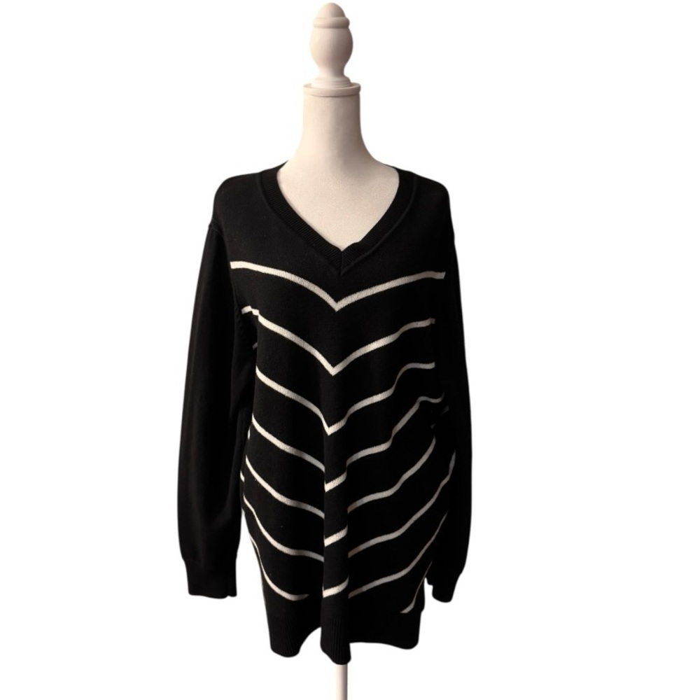 Liz Claiborne Black White Stripe V-Neck Sweater Size 2X Cotton Knit Pullover